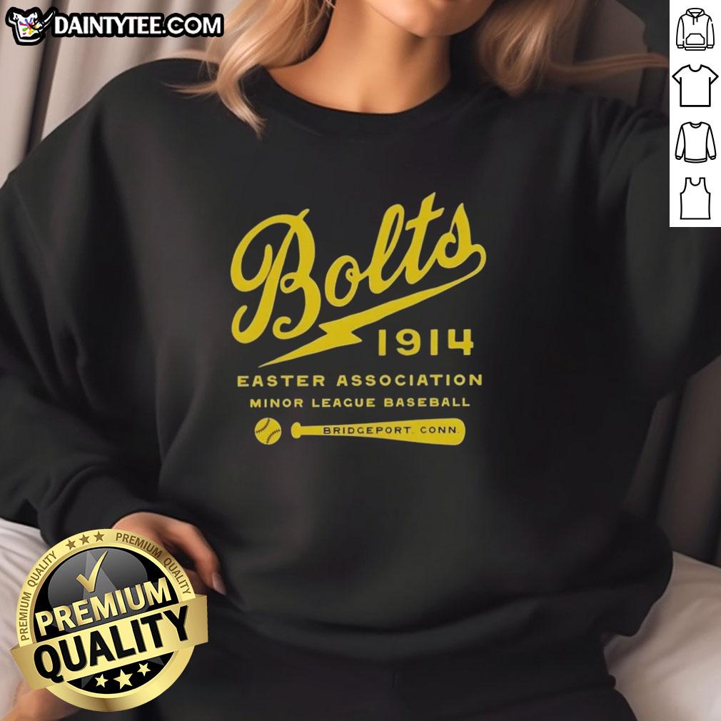 good-bridgeport-bolts-connecticut-vintage-defunct-baseball-teams-sweatshirt Vintage sweatshirt featuring Good Bridgeport Bolts logo, celebrating defunct baseball teams in Connecticut.