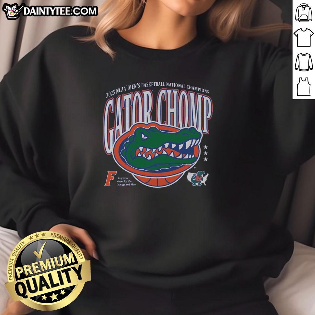 good-gator-chomp-florida-2025-mens-national-champs-sweatshirt Florida 2025 Men's National Champs sweatshirt featuring 'Good Gator Chomp' logo in vibrant colors.