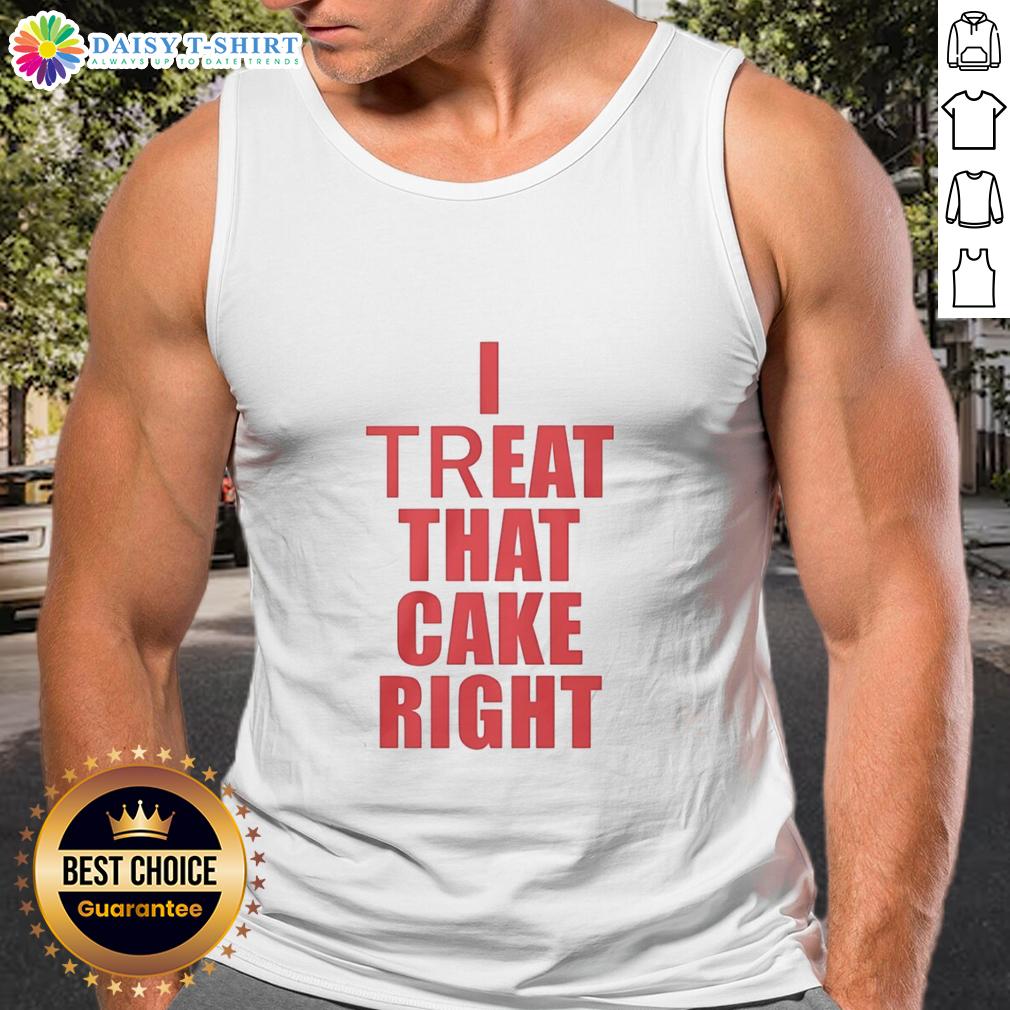Good I Treat That Cake Right Red Text Tank Top Woman wearing a red tank top with 'Good I Treat That Cake Right' text, showcasing a fun and playful style.