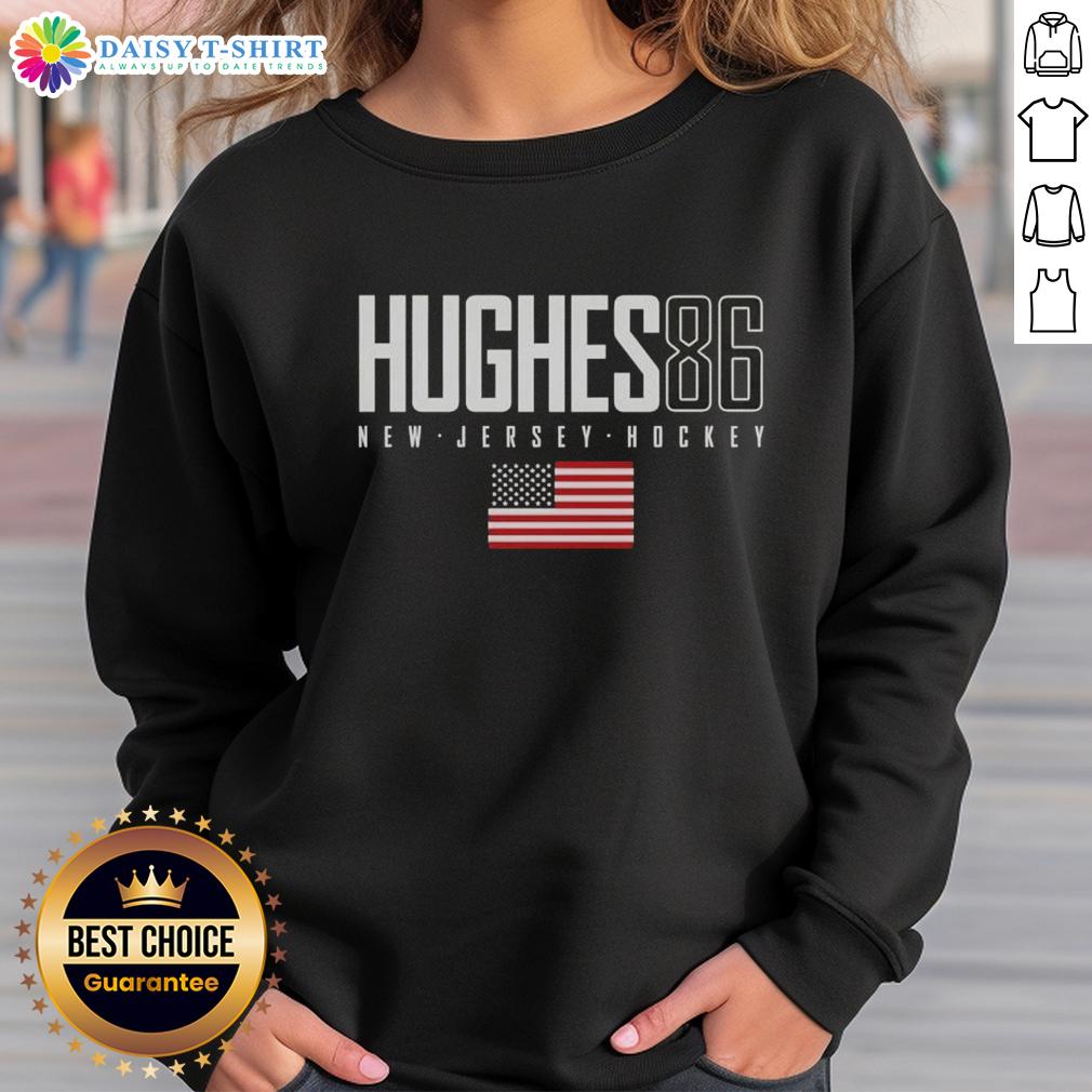 Good Jack Hughes 86 New Jersey Devils Usa Flag Elite Sweatshirt Alt Text: Jack Hughes wearing a New Jersey Devils sweatshirt with USA flag design, showcasing team spirit and style.