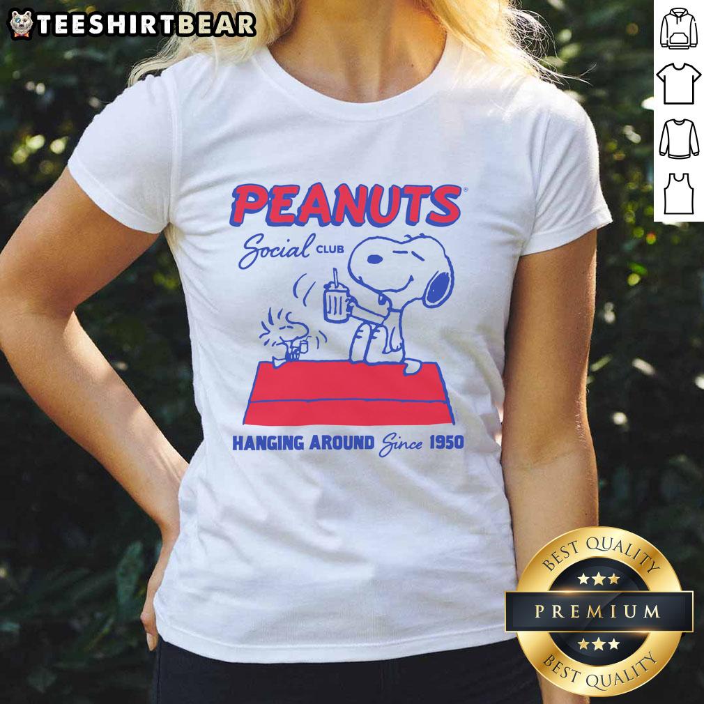 good-peanuts-snoopy-woodstock-social-club-hanging-around-since-1950-ladies-tee Good Peanuts Snoopy Woodstock Social Club Ladies Tee, celebrating friendship since 1950 with vibrant graphics.