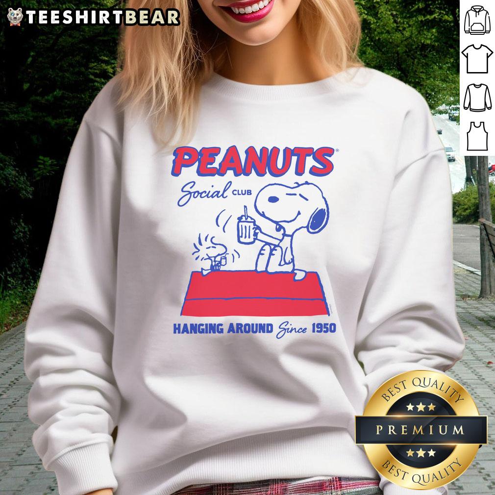 good-peanuts-snoopy-woodstock-social-club-hanging-around-since-1950-sweatshirt Good Peanuts Snoopy and Woodstock Social Club sweatshirt, celebrating a fun friendship since 1950 in a cozy design.