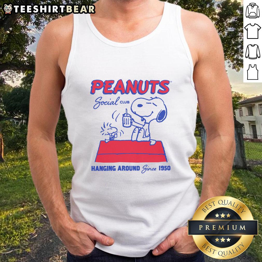 good-peanuts-snoopy-woodstock-social-club-hanging-around-since-1950-tank-top Alt Text: Good Peanuts Snoopy Woodstock Social Club tank top, celebrating friendship since 1950 with iconic characters.