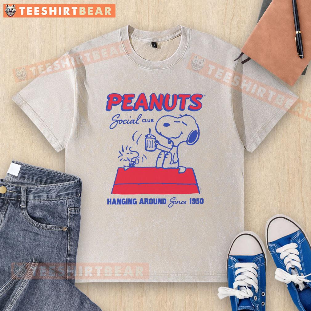 good-peanuts-snoopy-woodstock-social-club-hanging-around-since-1950-washed-t-shirt Alt Text: Good Peanuts Snoopy Woodstock Social Club t-shirt, vintage style, hanging around since 1950, casual wear.