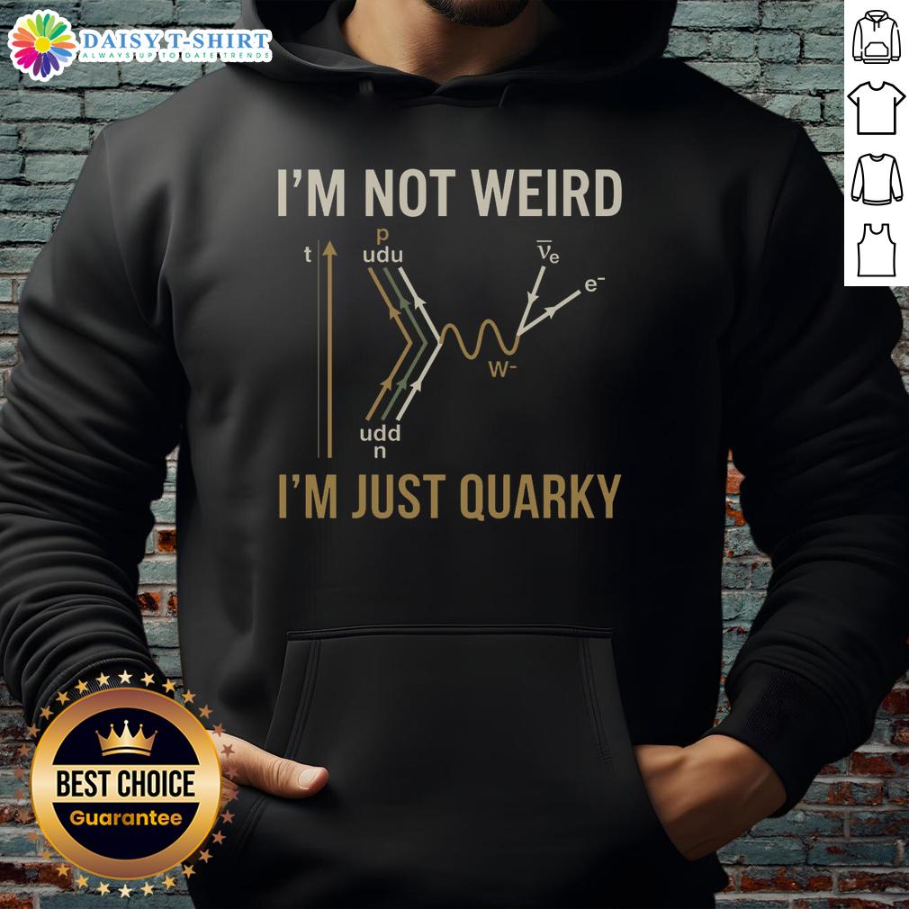 Good Quantum Humor I'M Not Weird I'M Just Quarky Hoodie Person wearing a 'I'm Not Weird, I'm Just Quarky' hoodie featuring playful quantum humor design and vibrant colors.