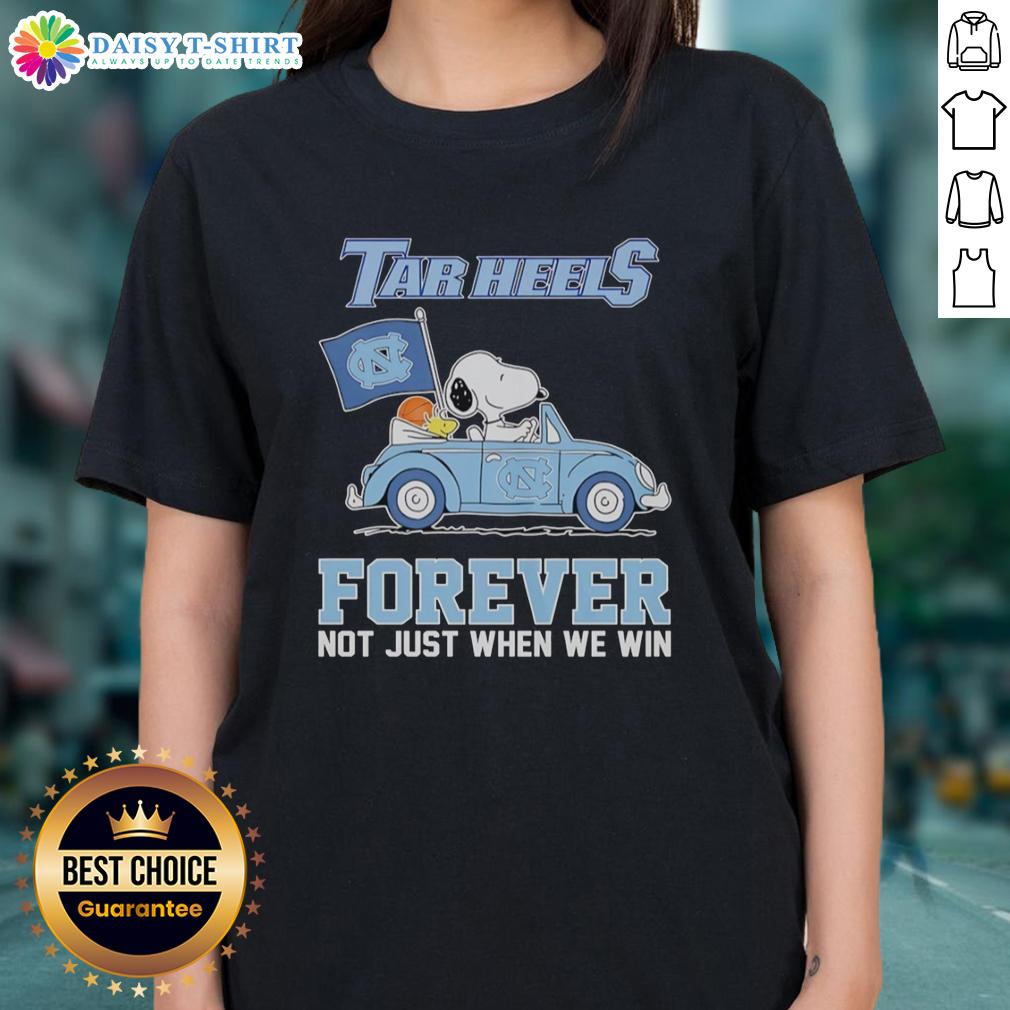Good Snoopy And Woodstock Diving North Carolina Tar Heels Car Forever Not Just When We Win Ladies-Tee Alt Text: Good Snoopy and Woodstock diving design on North Carolina Tar Heels ladies tee, celebrating fandom beyond winning.