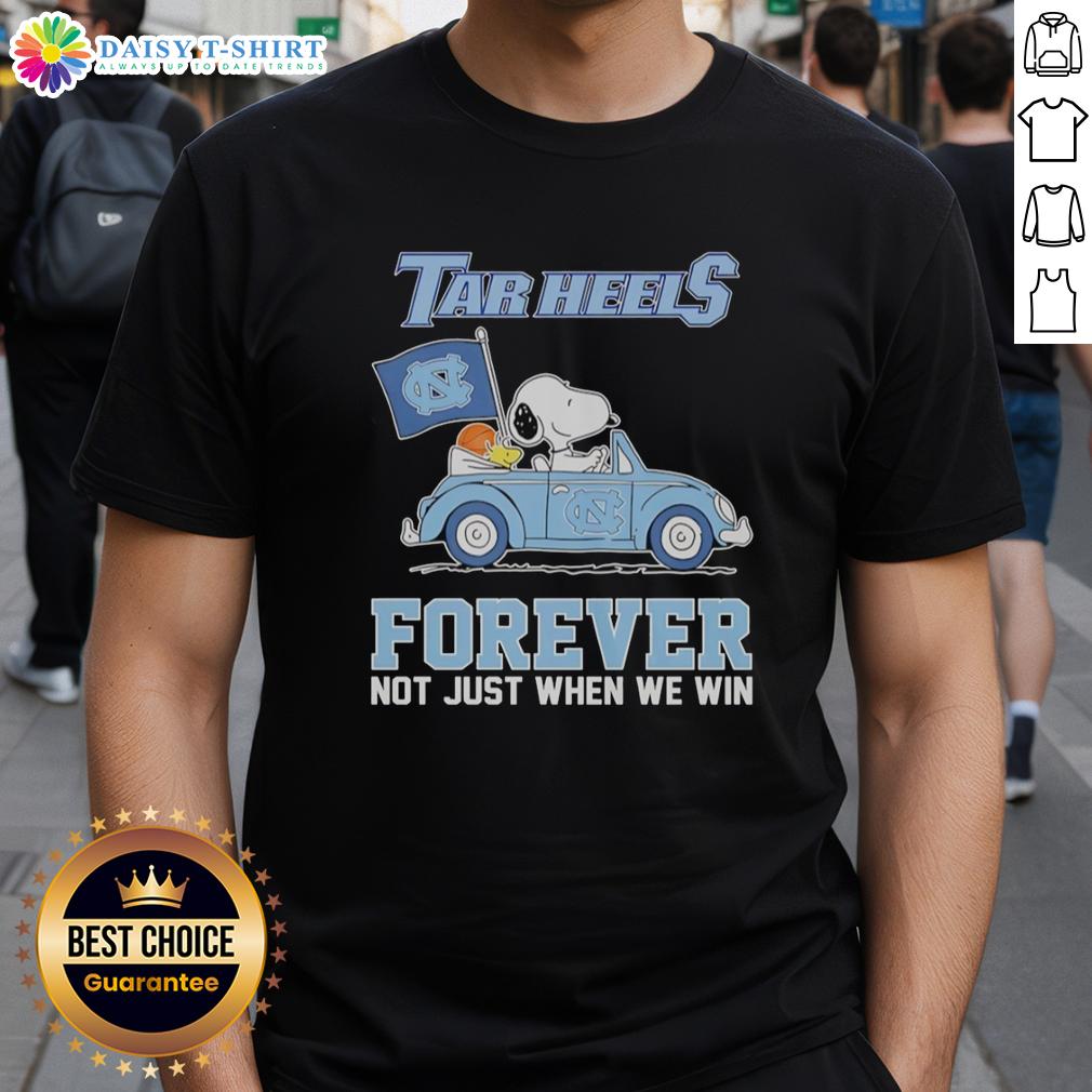 Good Snoopy And Woodstock Diving North Carolina Tar Heels Car Forever Not Just When We Win T-Shirt Alt Text: Good Snoopy and Woodstock diving on North Carolina Tar Heels car t-shirt, perfect for fans celebrating every game.