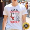 Funny Snoopy t-shirt design featuring 'Good Snoopy Cup Of Fuckoffee' with humorous phrases and vibrant colors.