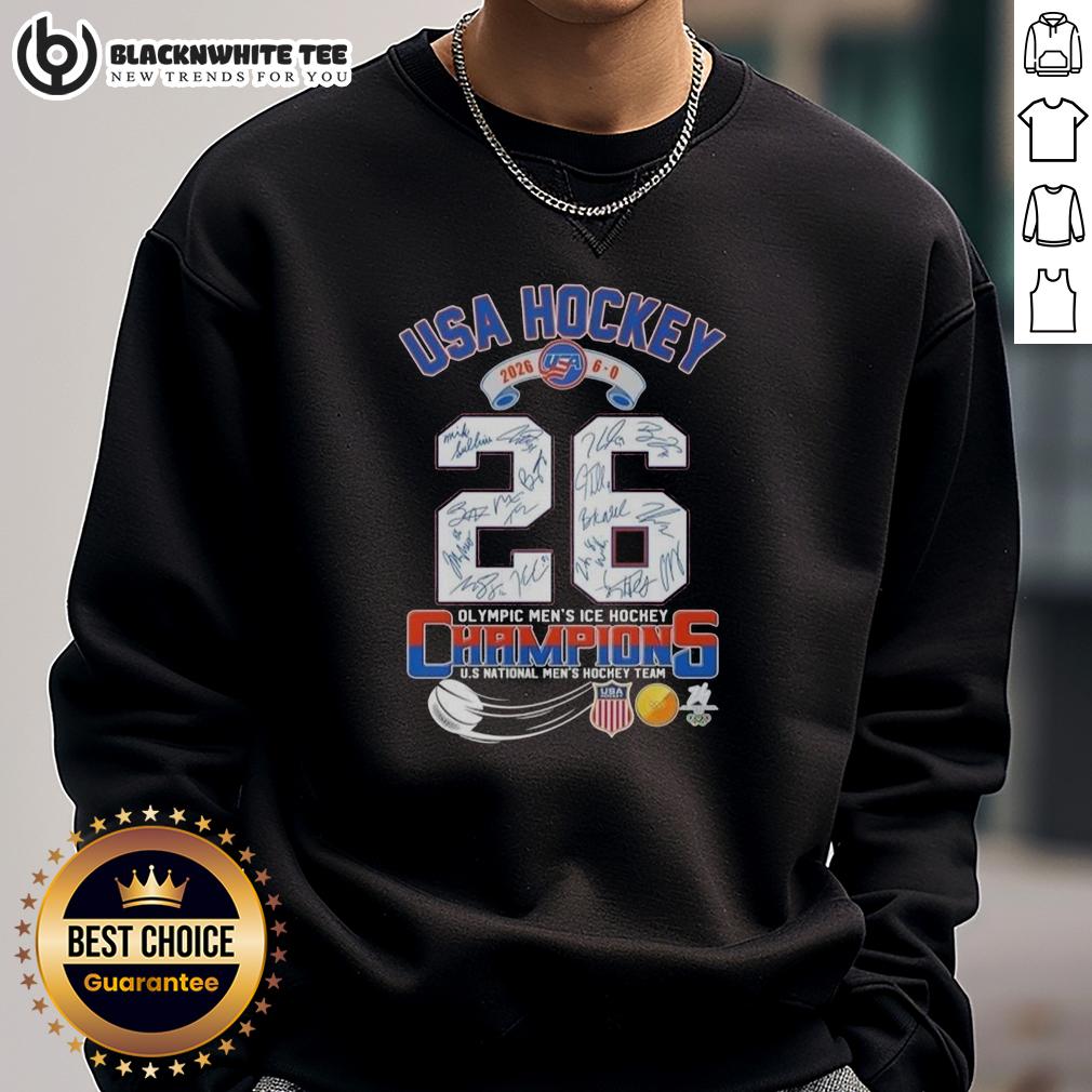Good USA Hockey 2026 6-0 Olympic Men's Ice Hockey Champions All Signatures Sweatshirt Good USA Hockey 2026 Men's Ice Hockey Champions sweatshirt featuring signatures of the winning team.