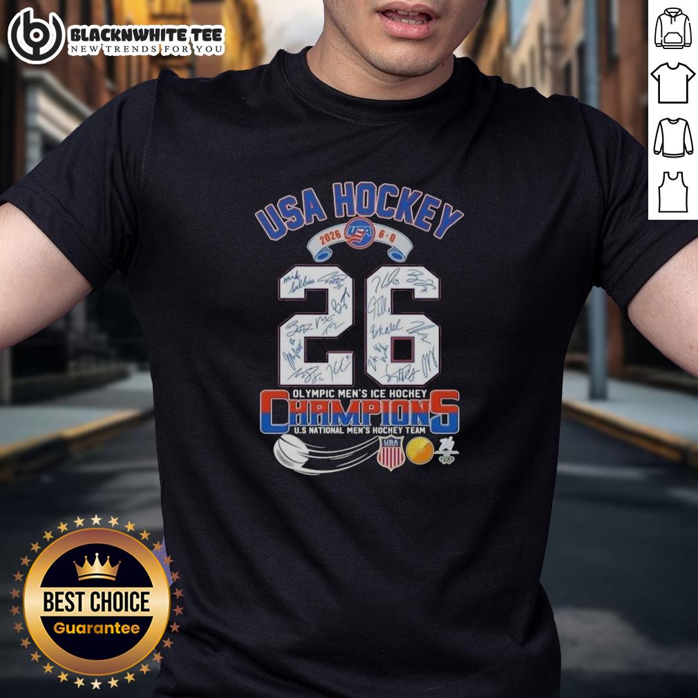 Good USA Hockey 2026 6-0 Olympic Men's Ice Hockey Champions All Signatures T-Shirt Good USA Hockey 2026 6-0 Olympic Men's Ice Hockey Champions T-Shirt featuring all signatures of the winning team.