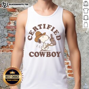 Alt Text: Pretty Peanuts Snoopy Certified Cowboy Tank Top featuring Snoopy in cowboy attire, perfect for casual summer wear.