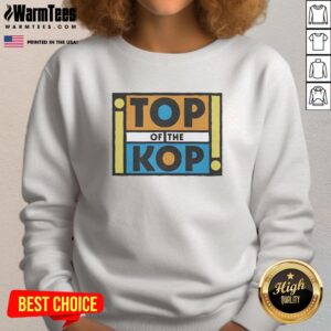 Hot Top Of The Kop Sweatshirt in vibrant red, featuring iconic Liverpool FC crest, perfect for fans and casual wear.