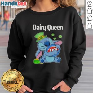 Happy St. Patrick's Day sweatshirt featuring the Original Stitch Hug The Dairy Queen logo in vibrant colors.
