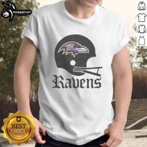 Alt Text: Baltimore Ravens football logo displayed on a bold helmet graphic t-shirt, perfect for fans and sports enthusiasts.