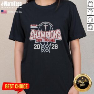 Alt Text: 2026 Sun Belt Men's Basketball Tournament Champions tee featuring Awesome Troy Trojans design for ladies.