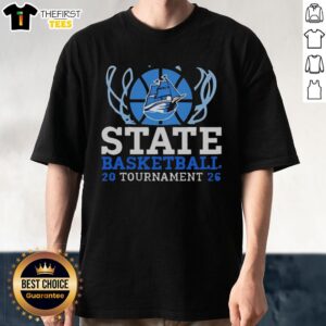 Original State Basketball Tournament 2026 Ship Logo T-Shirt featuring a vibrant design and team colors, perfect for fans.