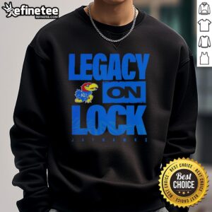 Alt Text: Premium Kansas Jayhawks NCAA 2026 Legacy On Lock On mascot sweatshirt featuring vibrant team colors and logo.