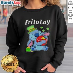 Cute Stitch hugging Frito Lay logo on a St. Patrick's Day sweatshirt, perfect for festive celebrations and cozy wear.