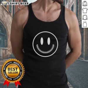 Top Baseball Smiley Face Tank Top featuring a playful smiley design, perfect for casual summer wear and baseball fans.