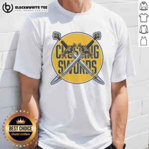 Alt Text: Hot Crossing Swords Podcast logo t-shirt featuring vibrant graphics and bold text, perfect for fans of the podcast.