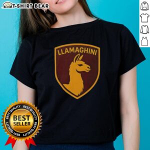 Alt Text: Original Llamaghini funny parody luxury llama car design on a ladies tee shirt, perfect for animal lovers.