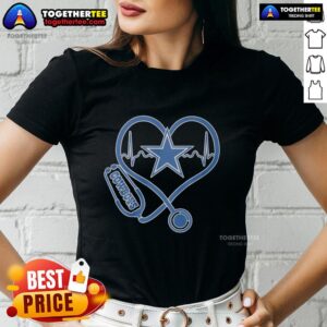 Awesome Nurse Heartbeat with Dallas Cowboys Logo Ladies Tee - Perfect for fans and healthcare professionals.