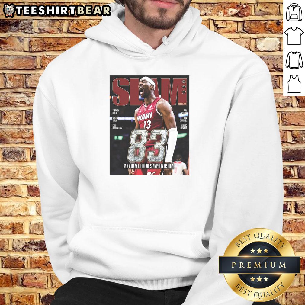 hot-bam-adebayo-miami-heat-basketball-83-point-slam-261-magazine-hoodie Alt Text: Hot Bam Adebayo in Miami Heat gear showcases 83-point slam, wearing 261 Magazine hoodie during game action.
