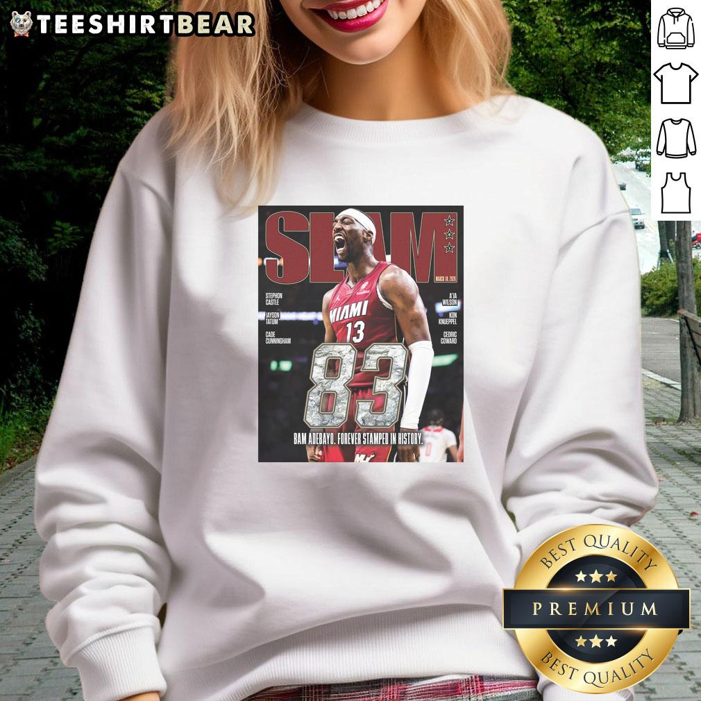 hot-bam-adebayo-miami-heat-basketball-83-point-slam-261-magazine-sweatshirt Hot Bam Adebayo of Miami Heat soaring for an 83-point slam, featured on a stylish 261 Magazine sweatshirt.
