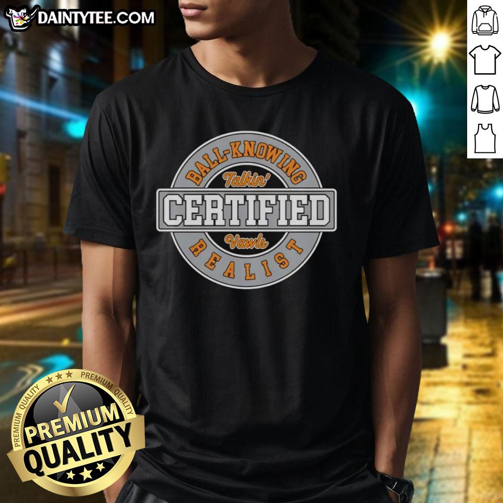 hot-certified-talkin-vawls-ball-knower-realist-circle-logo-t-shirt Alt Text: Hot Certified Talkin' Vawls Ball-Knower Realist Circle Logo T-Shirt featuring a vibrant logo on a stylish tee.