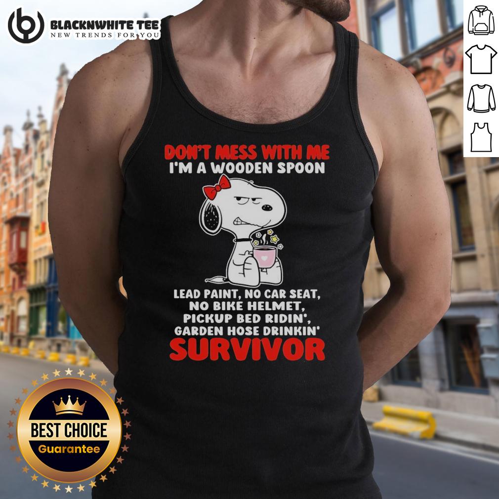 Hot Grumpy Snoopy Don't Mess With Me I'm A Wooden Spoon Lead Paint No Car Seat No Bike Helmet Tank Top Hot Grumpy Snoopy tank top design featuring a wooden spoon illustration, perfect for playful and humorous fashion.