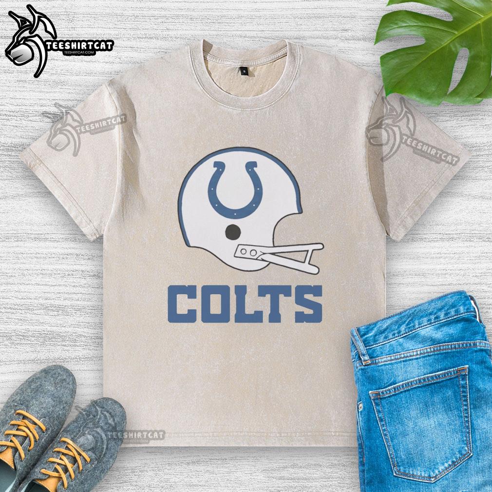 hot-indianapolis-colts-football-logo-in-big-helmet-washed-t-shirt Alt Text: Hot Indianapolis Colts football logo on a big helmet graphic featured on a trendy washed t-shirt design.