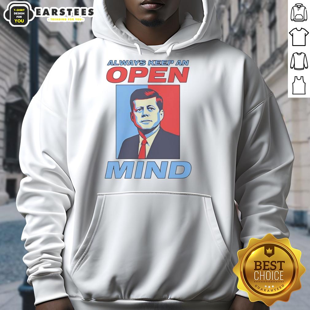 hot-john-f-kennedy-always-keep-an-open-mind-portrait-retro-hoodie Retro hoodie featuring a portrait of John F. Kennedy with the quote 'Always Keep An Open Mind' for stylish inspiration.