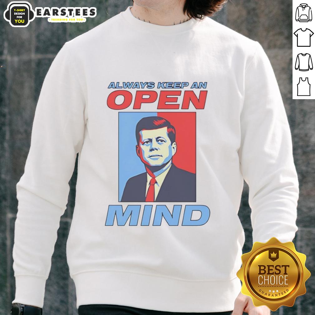 hot-john-f-kennedy-always-keep-an-open-mind-portrait-retro-sweatshirt Retro sweatshirt featuring a portrait of John F. Kennedy with the quote 'Always Keep An Open Mind' for stylish inspiration.