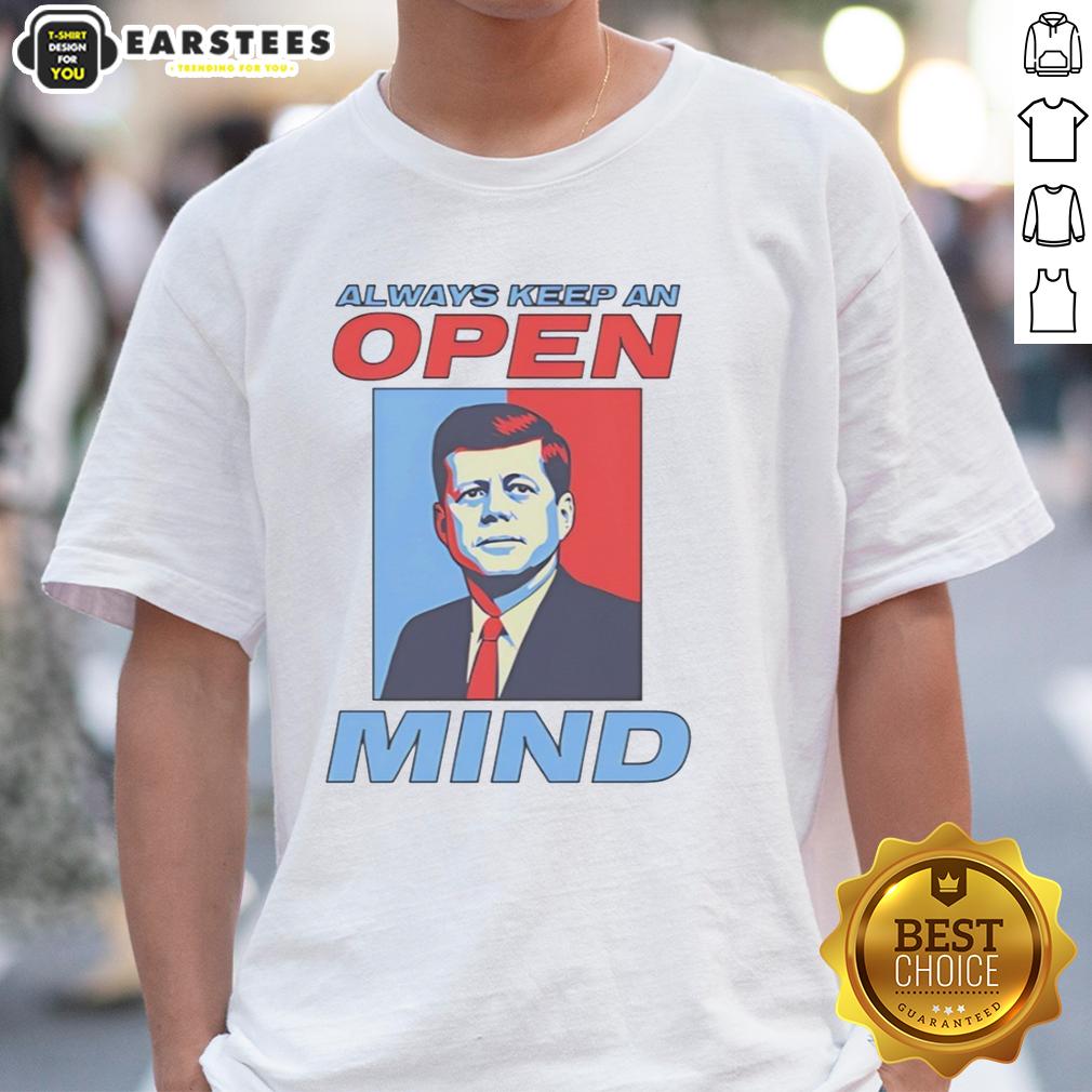 hot-john-f-kennedy-always-keep-an-open-mind-portrait-retro-t-shirt Alt Text: Retro T-Shirt featuring a portrait of John F. Kennedy with the phrase Always Keep An Open Mind in bold lettering.