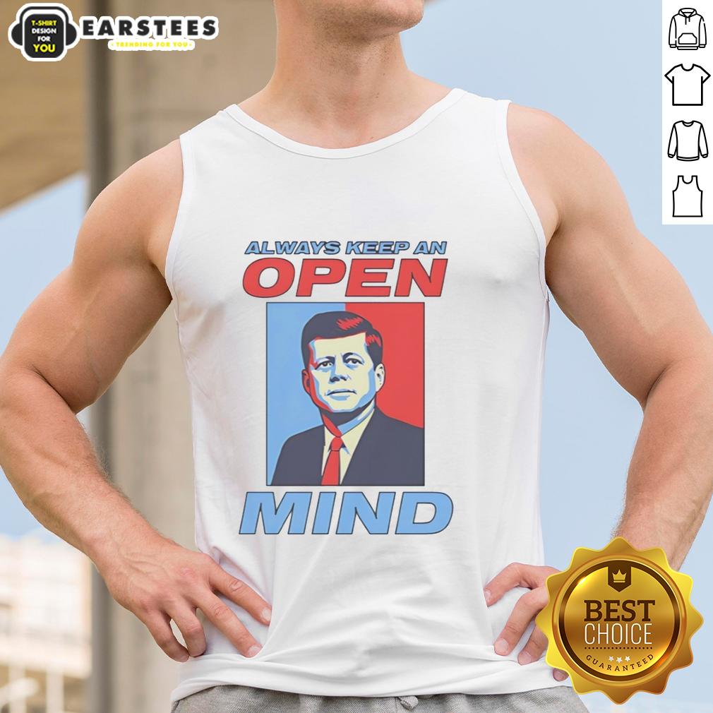 hot-john-f-kennedy-always-keep-an-open-mind-portrait-retro-tank-top Alt Text: Retro tank top featuring a portrait of John F. Kennedy with the quote Always Keep an Open Mind for stylish expression.
