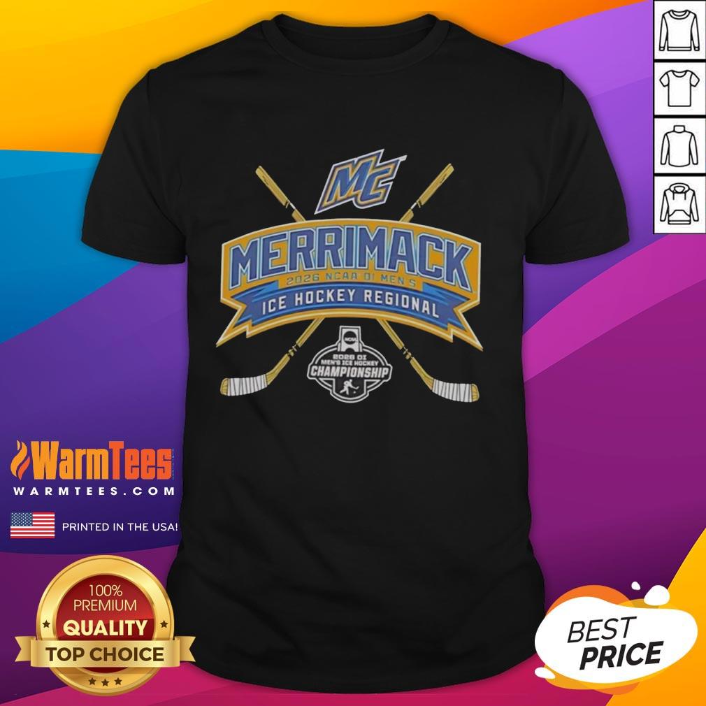 hot-merrimack-2026-ncaa-division-i-mens-ice-hockey-regional-t-shirt Alt Text: Hot Merrimack 2026 NCAA Division I Men's Ice Hockey Regional T-Shirt featuring team colors and logo design.