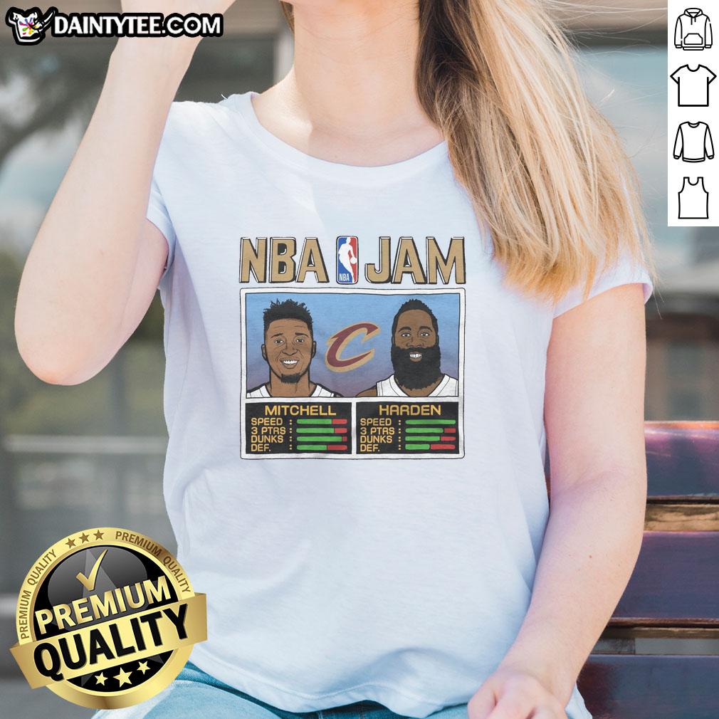 hot-nba-jam-cavs-mitchell-and-harden-ladies-tee Alt Text: Hot NBA Jam Cavs Mitchell and Harden ladies tee featuring vibrant graphics and stylish design for basketball fans.
