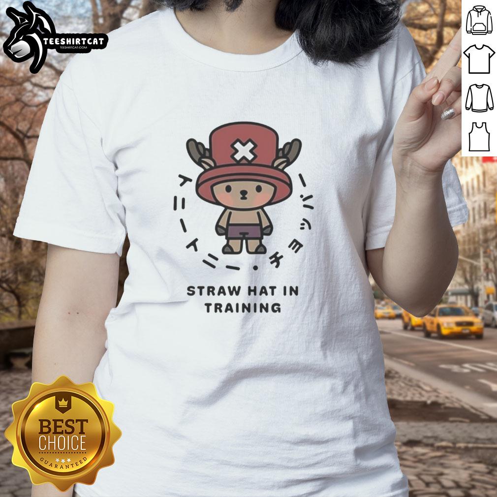 hot-one-piece-chopper-straw-hat-in-training-anime-character-ladies-tee Alt Text: Stylish ladies tee featuring Hot One Piece Chopper Straw Hat in training anime character design for fans.