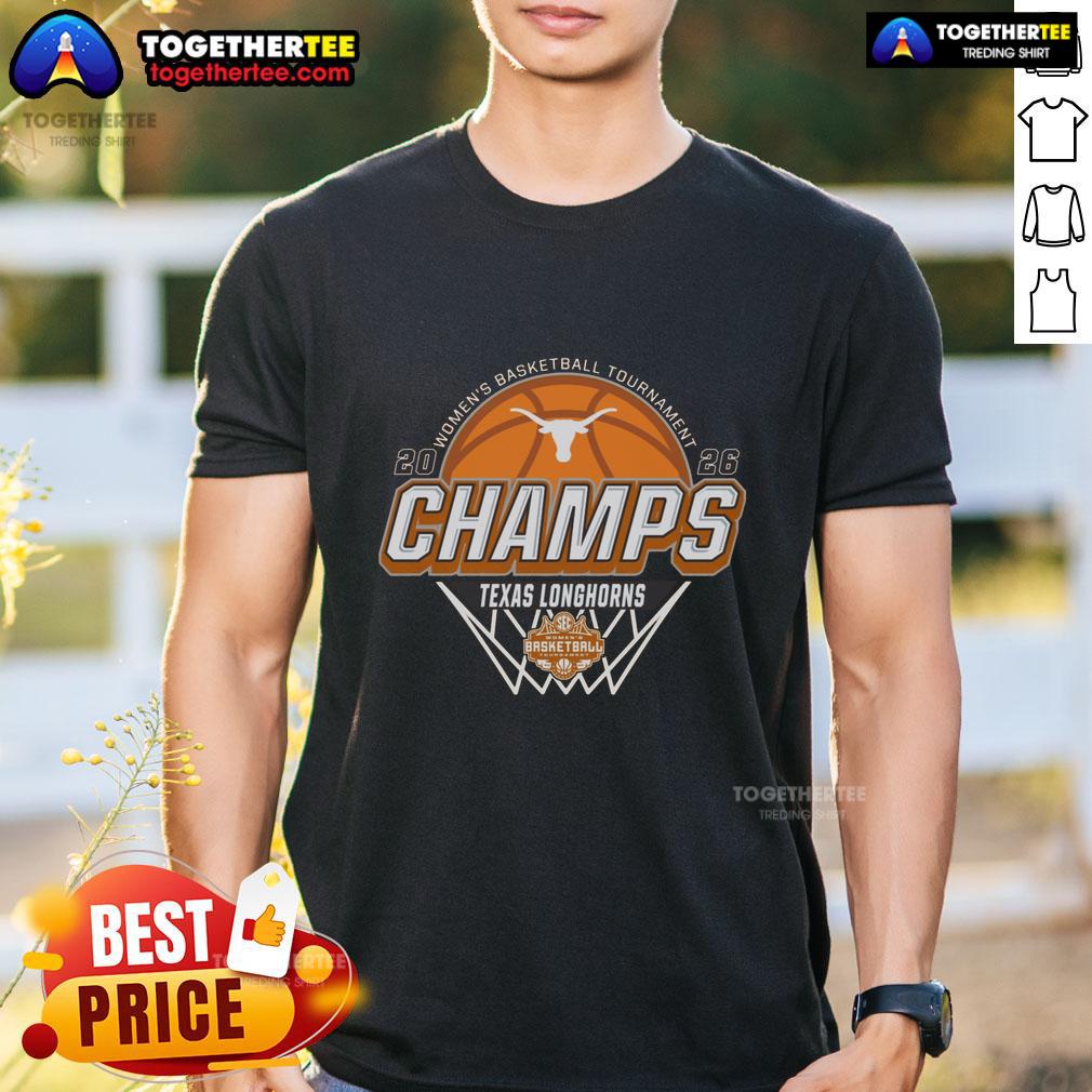 Hot Texas Longhorns Blue 84 2026 Sec Women's Basketball Tournament Champions Locker Room T-Shirt Alt Text: Hot Texas Longhorns Blue 84 2026 SEC Womens Basketball Tournament Champions Locker Room T-Shirt displayed on a hanger.