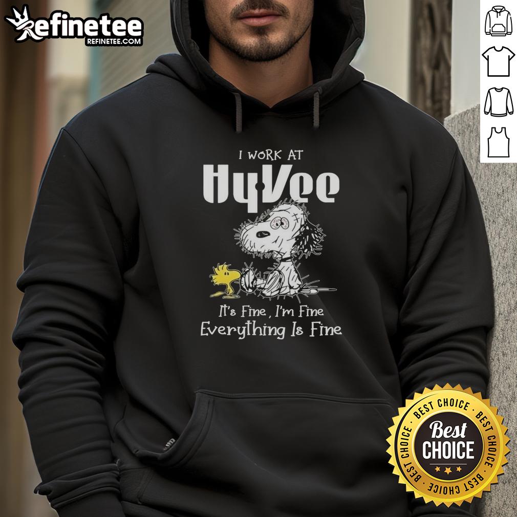 hot-tired-snoopy-i-work-at-hyvee-its-fine-im-fine-everything-is-fine-hoodie Hot and tired Snoopy wearing a 'I Work at Hy-Vee, It's Fine, I'm Fine, Everything is Fine' hoodie.