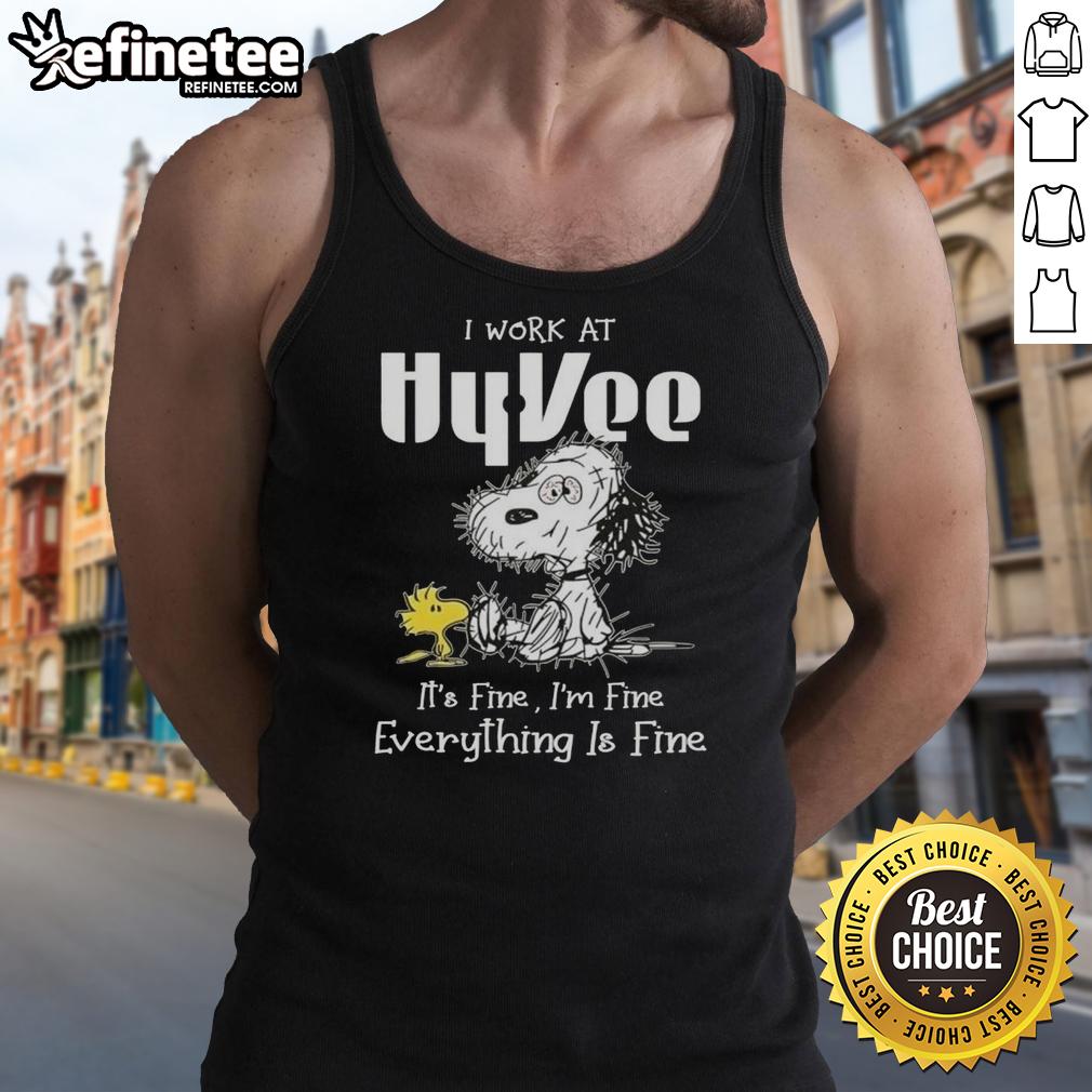 hot-tired-snoopy-i-work-at-hyvee-its-fine-im-fine-everything-is-fine-tank-top Hot and tired Snoopy wearing a tank top with 'I work at Hy-Vee, it's fine, I'm fine, everything is fine' text.