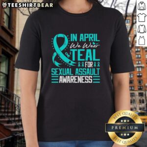 Women wearing teal tee for Sexual Assault Awareness, showcasing Pretty in April and the blue ribbon symbol.