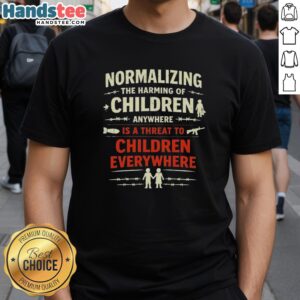 Official Normalizing The Harming Of Children Anywhere Is A Threat To Children Everywhere T-Shirt design featuring impactful message.