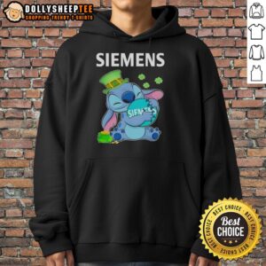 St. Patrick's Day hoodie featuring an awesome stitch hug design and Siemens logo, perfect for festive celebrations.