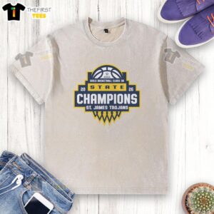 Alt Text: Top Saint James Trojans AHSAA Girls Basketball Class 3A State Champions 2026 washed t-shirt design featuring team logo.