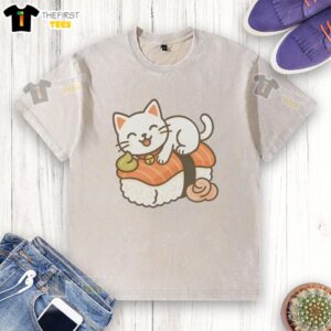 Pretty Sushi Cat Kawaii Kitty On Salmon Nigiri T-Shirt - Image 3