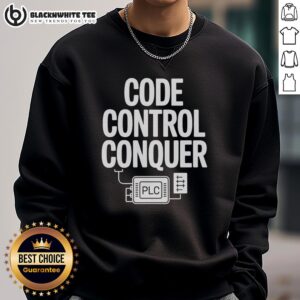 Nice Code Control Conquer PLC Programming Engineer Sweatshirt in navy, perfect for tech enthusiasts and programmers.