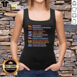 Top featuring 'Radicalized by Basic Decency' slogan, promoting democracy, immigrants, refugees, and trans rights.