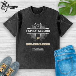 Original Purdue Boilermakers God First Family Second T-Shirt for football fans, showcasing team spirit and pride.