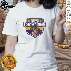 Alt Text: 2026 Hot Sun Belt Conference NCAA Women's Basketball Champions logo on a stylish ladies tee shirt